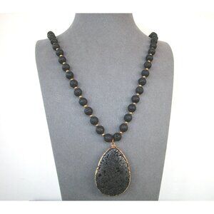 Black Lava Rock Necklace With Gold Trimmed Teardrop Pendant 30"